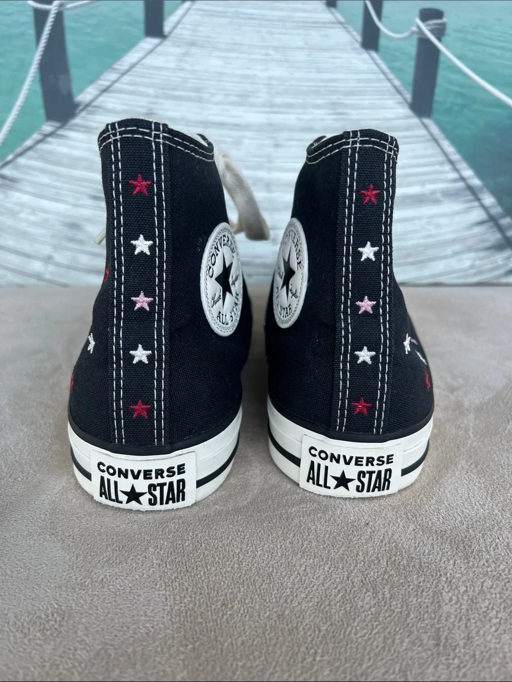 UNISEX Black High-Top Converse Sneakers with Stars Embroidery. - Picture 2 of 8